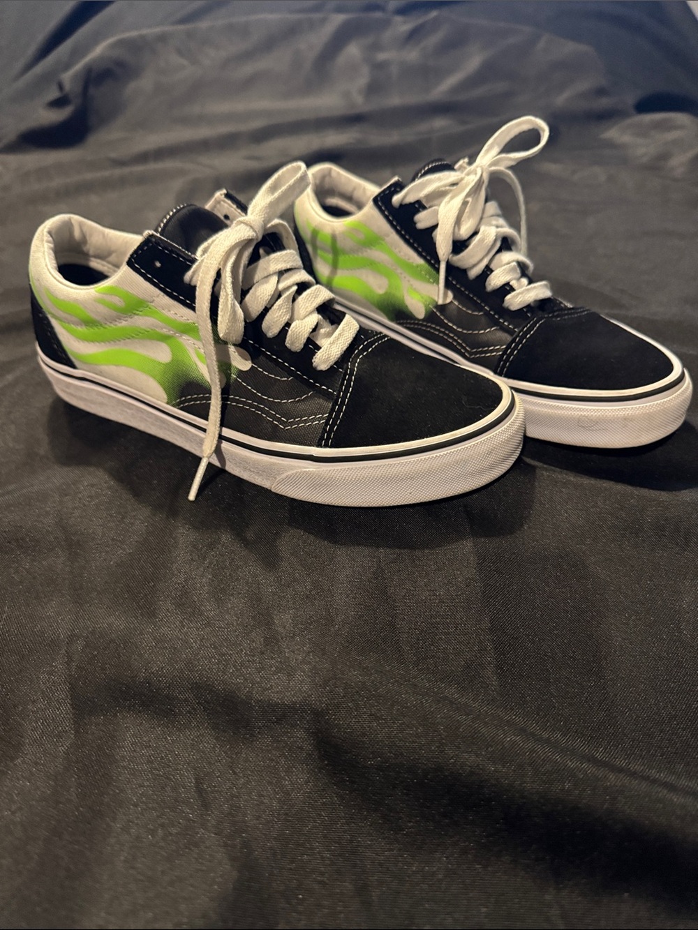 Vans Black Sneakers with Neon Green Flame Accents